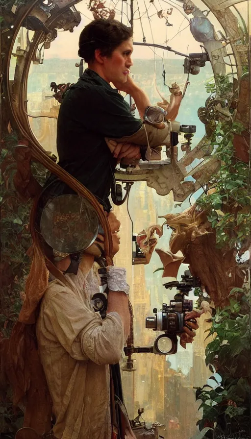 Image similar to hyper realistic photographer looking through camera, magical, painted by james gurney, norman rockwell, tom bagshaw, mucha, gaston bussiere, craig mullins, j. c. leyendecker 8 k