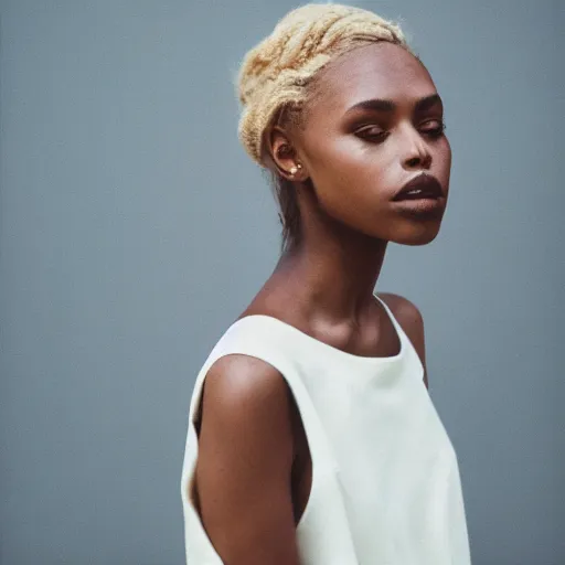 Image similar to realistic photoshooting for a new aime leon dore lookbook, color film photography, portrait of a beautiful blonde woman, in style of Tyler Mitchell, 35mm, graflex