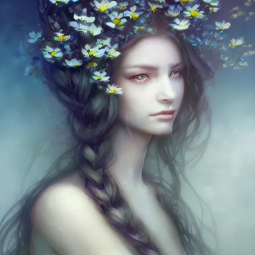 Image similar to A photorealistic rendering, full face and body portrait, long shot, pose, of a beautiful goddess, swarming in flowers, magical, pale skin, blue eyes, long black hair, floating in a misty daze, digital art by Pete Mohrbacher and Greg Rutkowski, Deviantart, Hemera, painting, photoshop, digitalart, digitalpainting, fantasy, goddess, light, photoshop, photoshoppainting