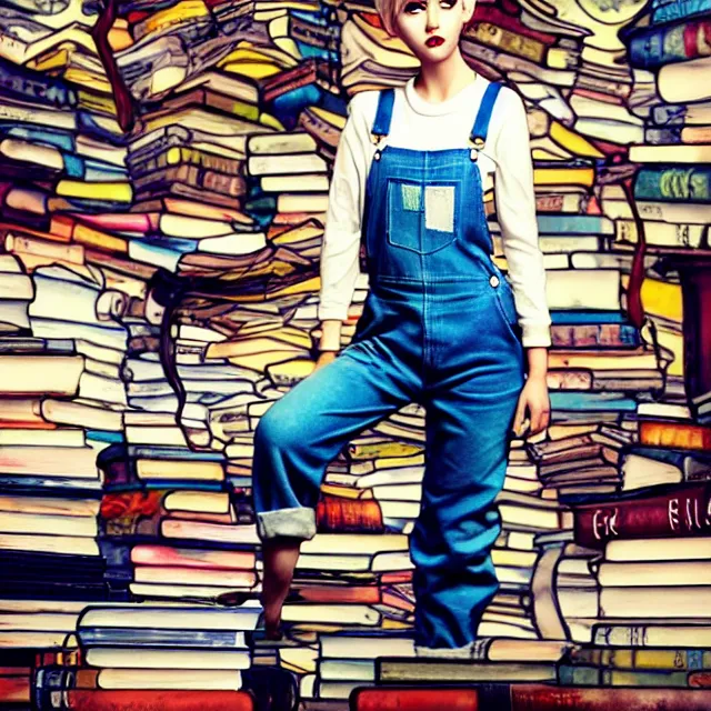 Image similar to full body pose, beautiful adult book fairy, pixar, short white hair shaved sides, dirty, grungy, grunge, long sleeve, painted overalls, stacks of giant books, highly detailed, 4 k, hdr, smooth, sharp focus, high resolution, award - winning photo, artgerm, photorealistic