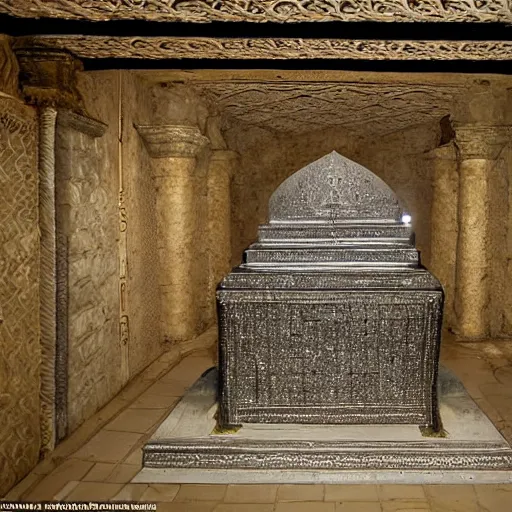 Prompt: the crypt of a king which consists mostly of his body encased in diamond and sitting on his throne. the tomb is ornate and the body is visible and unblemished