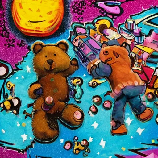 Image similar to a lot of teddy bears fights in epic battle, background a nuclear toxic multi - colored explosion in big town, psychedelic