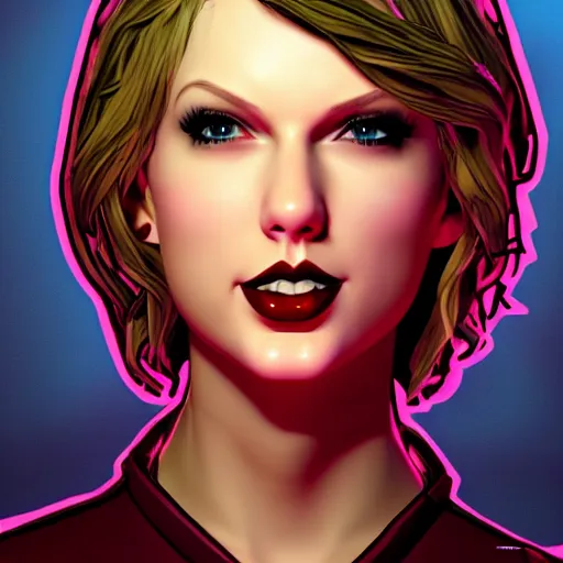 Image similar to taylor swift portrait, borderlands, tales from the borderlands, the wolf among us, comic, cinematic lighting, studio quality, 8 k