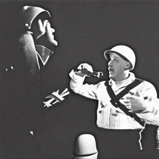 Prompt: 1 9 4 0 s photo of eminem having a rap battle with hitler on moon,