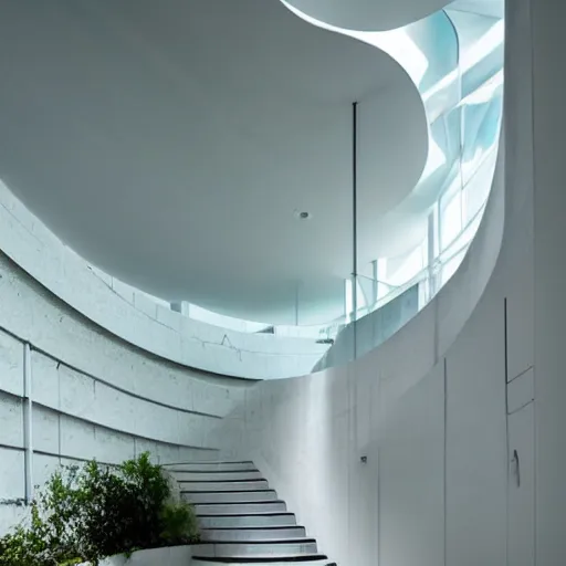 Image similar to a large room with minimalist architecture, partially flooded by blue green water, liminal space, made of all white ceramic tiles, surreal, curving hallways, rounded ceiling, stairs,