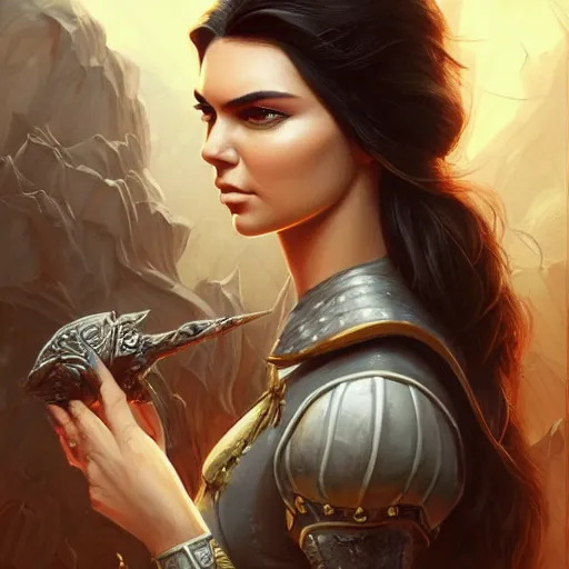 Image similar to kendall jenner, d & d, fantasy, portrait, highly detailed, digital painting, trending on artstation, concept art, sharp focus, illustration, art by artgerm and greg rutkowski and magali villeneuve