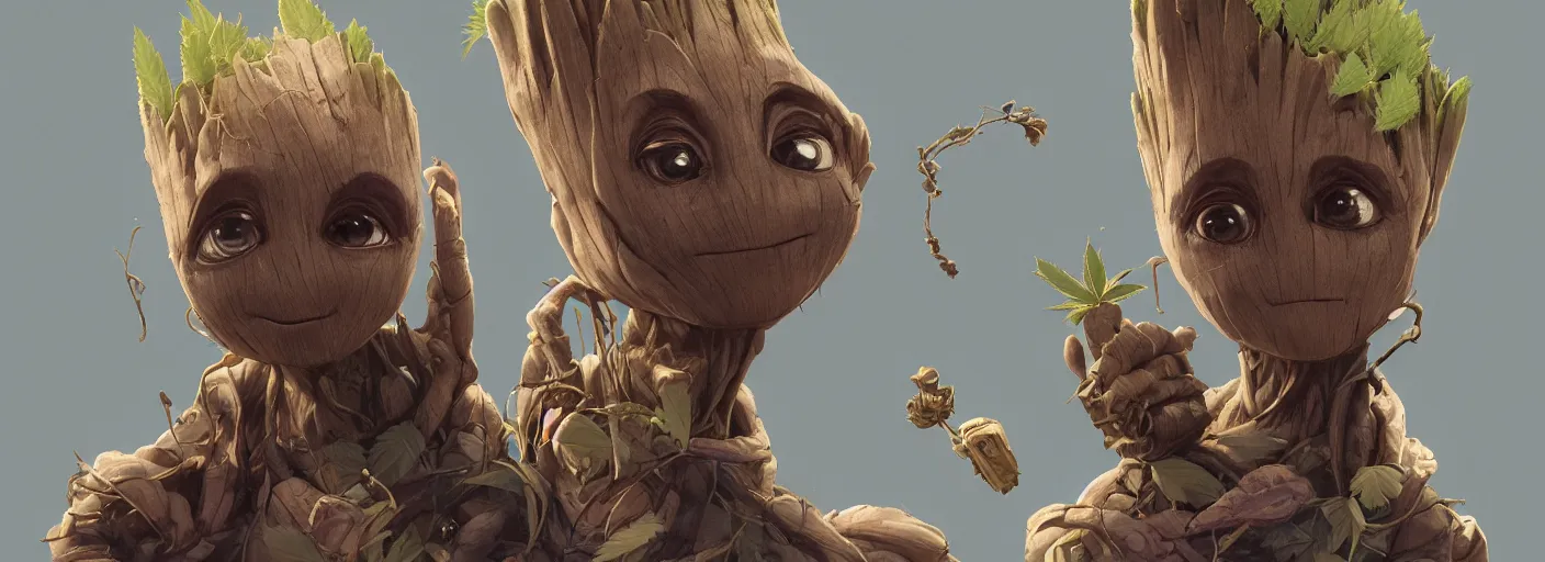 Image similar to duotone concept illustration 3 / 4 portrait of baby groot wearing cannabis hat, hemp, marijuana!, cinematic volumentric lighting, jim cheung, david marquez, mike deodato jr, ilya kuvshinov, makoto shinka, behance hd by jesper ejsing, by rhads, hyper detailed, octane render, concept art, artstation