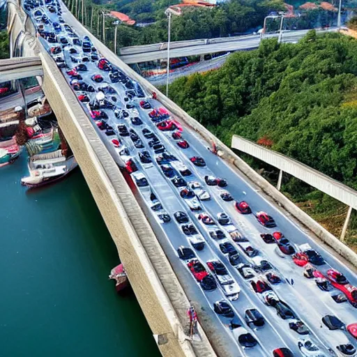 Image similar to drone image of bumper-to-bumper traffic on Tuzla Island Crimea Bridge