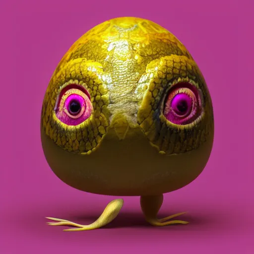 Prompt: an egg with a magenta eye and two heads. one head is a snake and the other head is a chicken and there are big furry muscular legs, 4k, trending on artstation