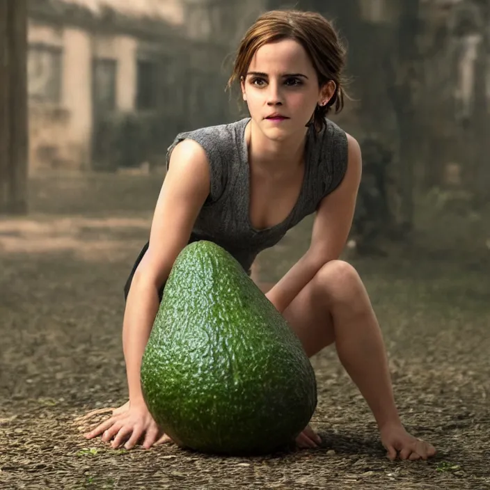 Image similar to emma watson as an avocado, movie still, 8 k