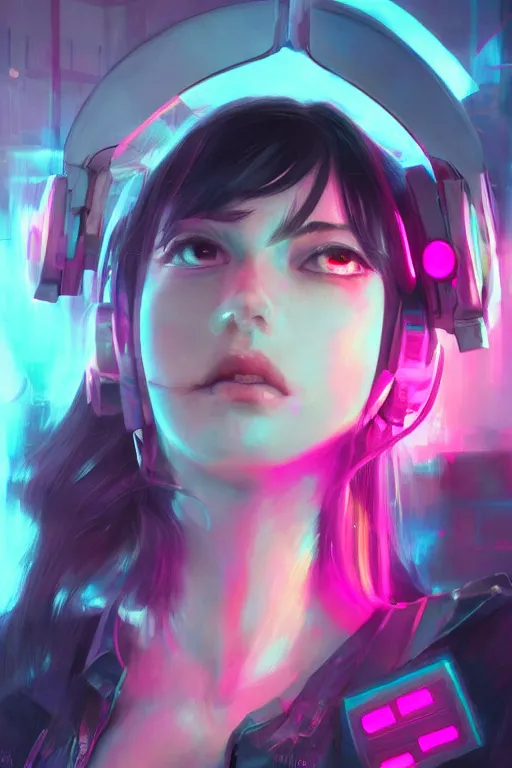 Image similar to gamer girl with a pink headset, city street, cyberpunk, harsh neon lights, highly detailed, sharp focus, digital painting, illustration, trending on artstation, art by sakimichan, wlop, greg rutkowski