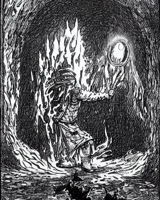 Image similar to pen and ink drawing of evil mage casting a spell as a portal opens behind him, fighting fantasy style image, by steve jackson and ian livingstone, highly detailed