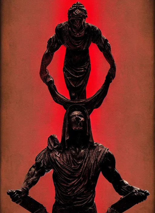 Prompt: dark design poster showing a heroic greco roman statue, black background with very subtle red and purple design elements, powerful, nekro, vito acconci, thin straight lines, dark, glitch art, neo vaporwave, gritty, layout frame, square, trending on artstation