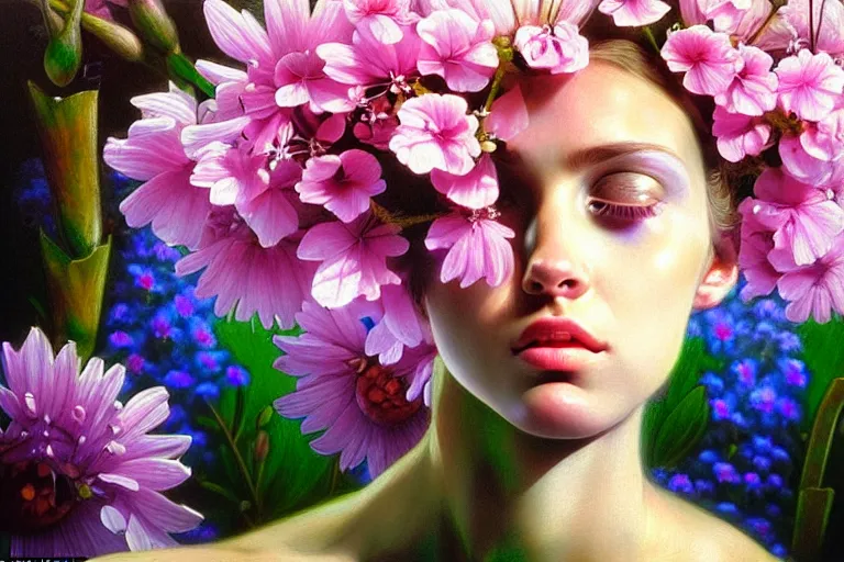 Prompt: hyperrealism close-up portrait of a young beautiful melting cyborg hiding in the flowers, calm colors, soft light, in style of classicism