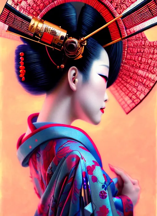 Image similar to sensual japanese geisha wearing vr eyepiece, intricate geisha kimono, robotic, android, cyborg, cyberpunk face, steampunk, fantasy, intricate, elegant, highly detailed, colorful, vivid color, digital photography, cool warm light, artstation, concept art, art by artgerm and greg rutkowski and ruan jia,