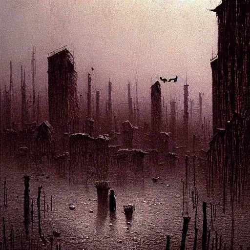Prompt: eerie town by Beksinski