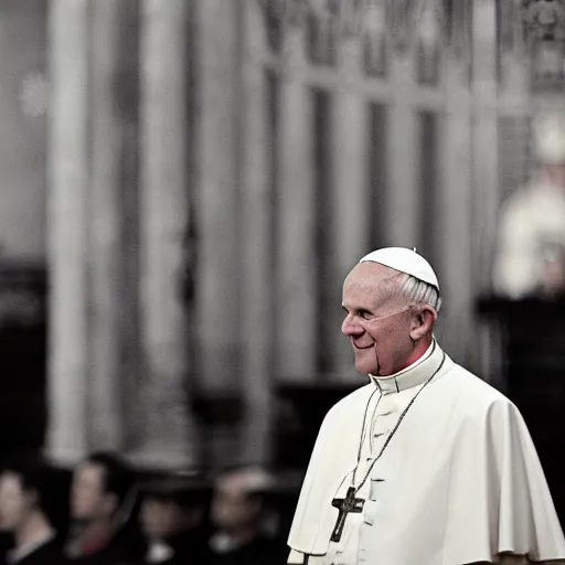 Prompt: pope john paul ii standing in a church, wearing pope's cap, clergy. high definition photo, depth of field