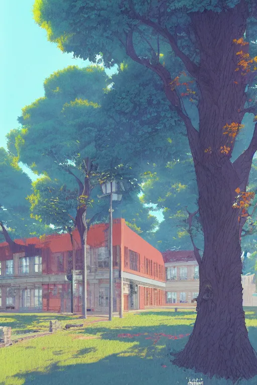 Prompt: a colorful high school building with beautiful trees, morning, by studio ghibli painting, superior quality, masterpiece, traditional Japanese colors, by Grzegorz Rutkowski, concept art