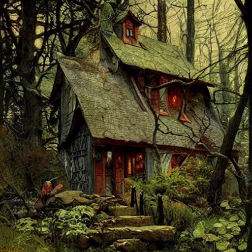 Image similar to witch cottage in the forest, art by norman rockwell and donato giancola and greg rutkowski, vintage art, realistic