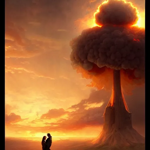 Image similar to a young couple watching a nuclear explosion, romantic, mushroom cloud, uplifting, happy, apocalytic detailed digital matte painting by artgerm, greg rutkowski and alphonse mucha