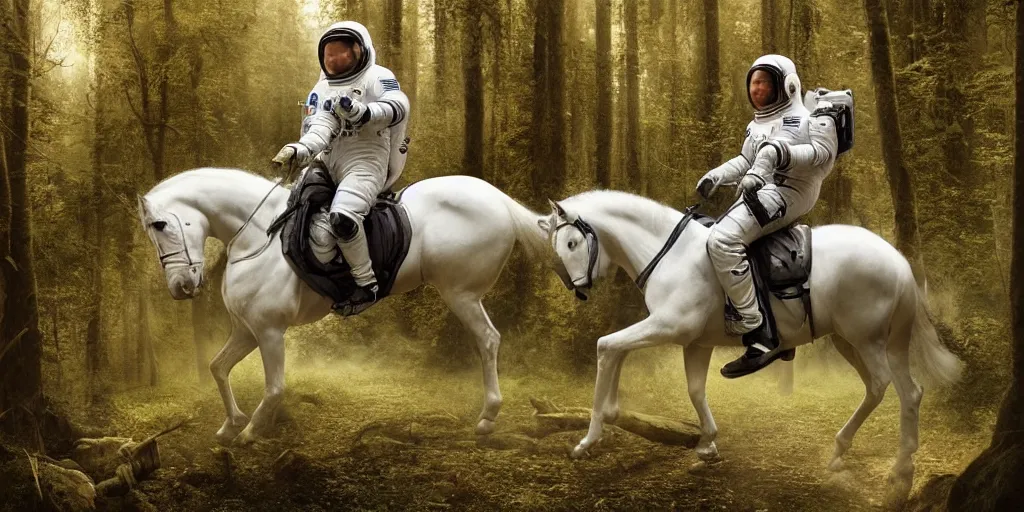 Image similar to an astronaut riding on the back of a white horse through a forest, a detailed matte painting by frieke janssens, featured on cgsociety, fantasy art, matte painting, reimagined by industrial light and magic, matte drawing