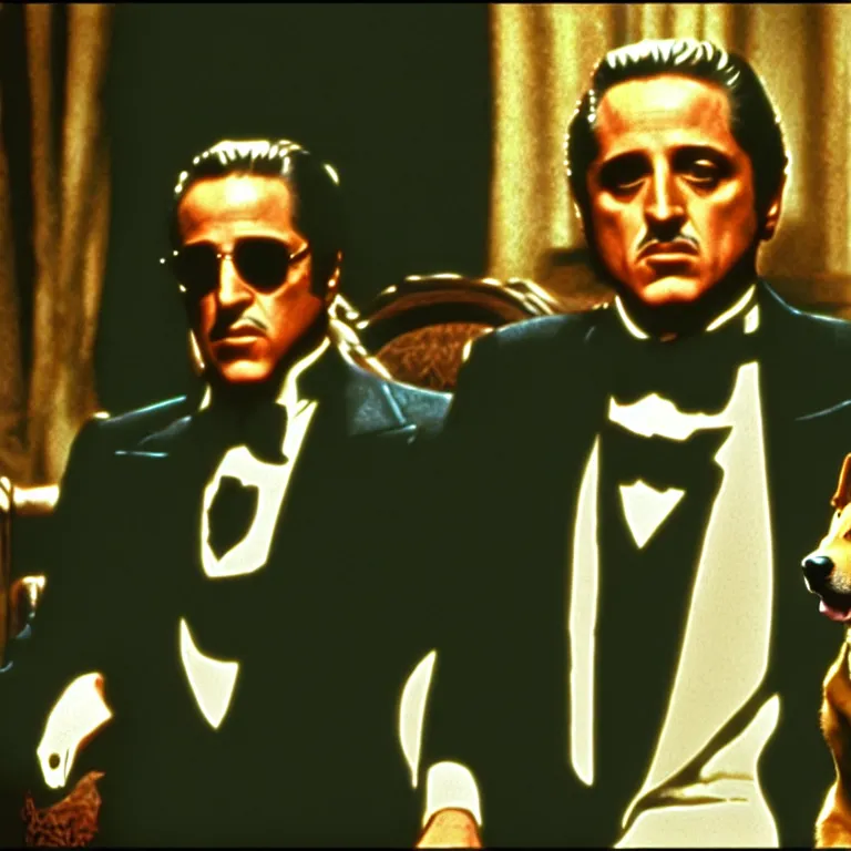 Image similar to cinematic scene screen cap from the godfather with an anthropomorphic dog in a suit