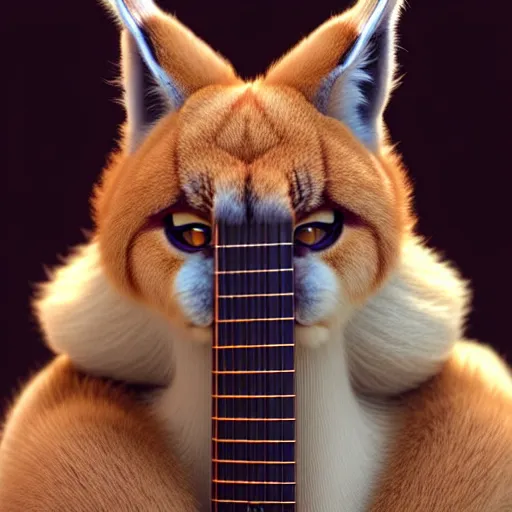 Image similar to cute fluffy caracal playing fluffy guitar, fully detailed, high quality , 4k , octane render , soft light , masterpiece