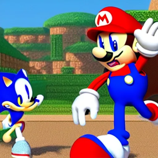 Prompt: sonic the hedgehog handshaking mario