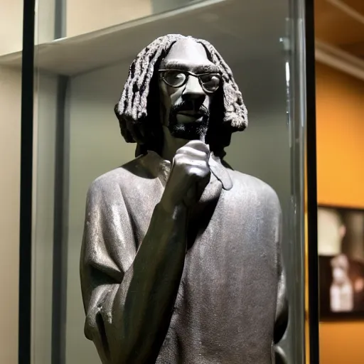 Prompt: a granite statue of snoop dogg, inside of a glass case inside of a museum, photograph