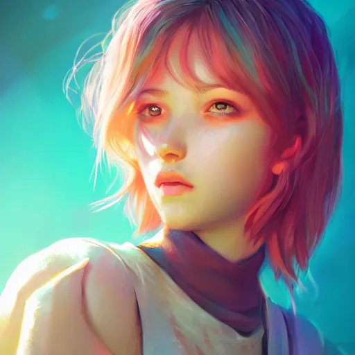 Image similar to portrait of teen girl, art by Ross tran, vivid color palette, digital painting, 3D, octane render, post process in Photoshop, highly detailed