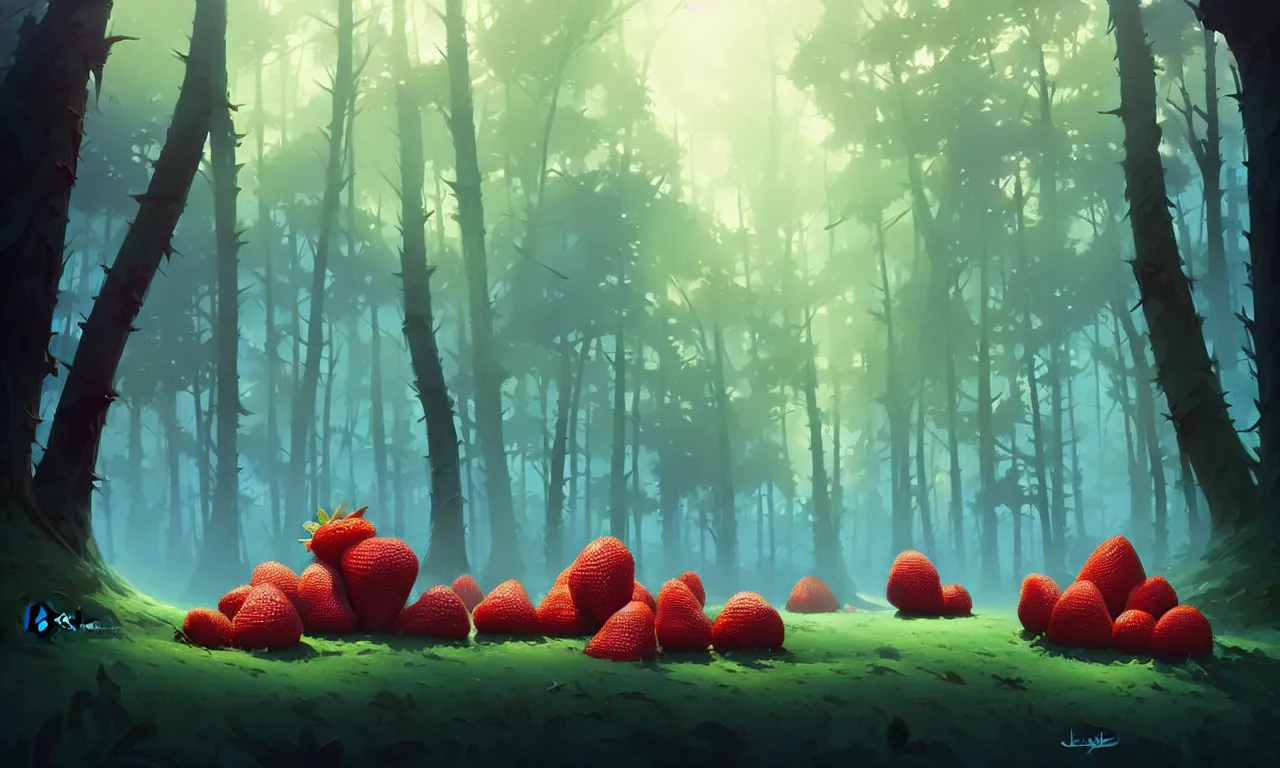 Image similar to Dark forest large strawberries, behance hd by Jesper Ejsing, by RHADS, Makoto Shinkai and Lois van baarle, ilya kuvshinov, rossdraws global illumination