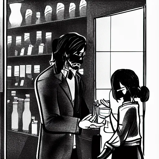Image similar to a sketch of john wick grabbing milk at a store, dark, shadows, highly detailed,