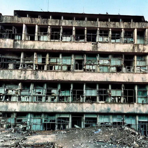 Image similar to brutalist city, prison city, totalitarian prison island, hashima island, rundown buildings, military buildings, prison complex, colorized 3 5 mm photo