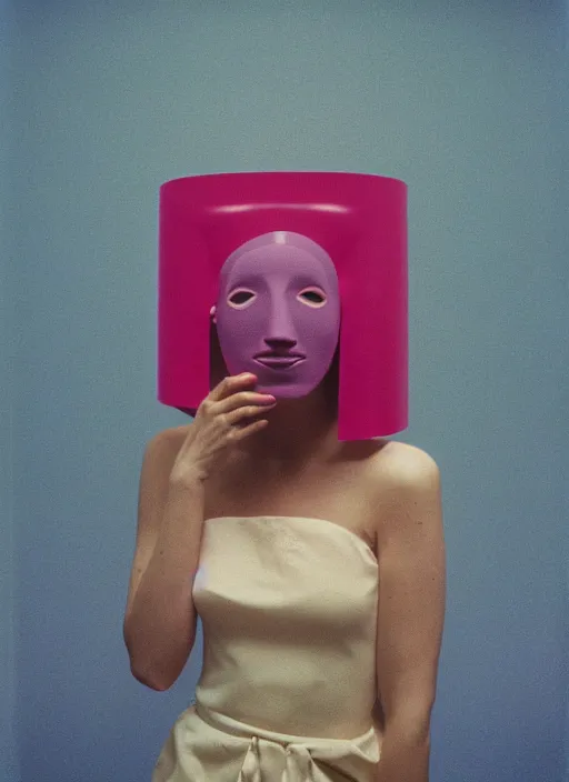 Image similar to a fashion portrait photograph of a woman wearing a plastic mask designed by james turrell, 3 5 mm, color film camera,