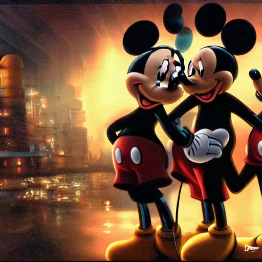 Prompt: a group of people standing around a mickey mouse, cyberpunk art by drew struzan, cgsociety, sots art, dystopian art, reimagined by industrial light and magic, concept art