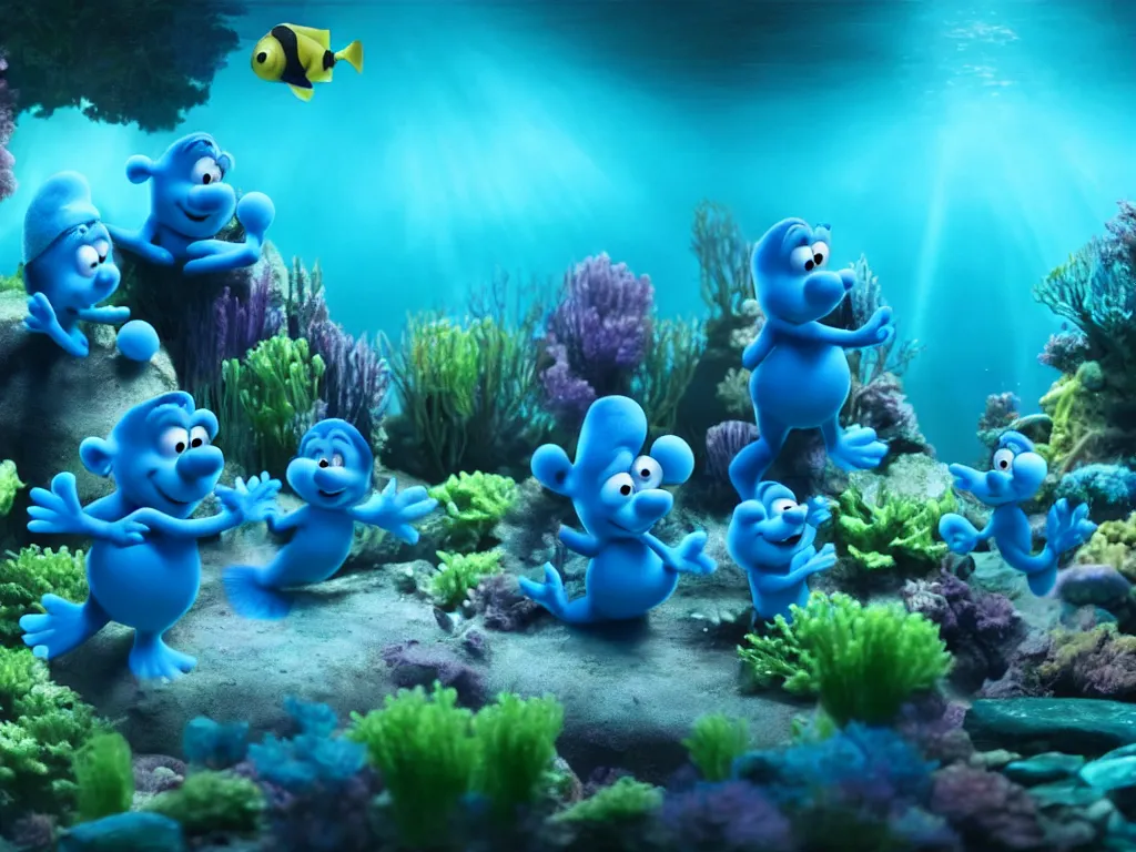 underwater smurfs swimming with bioluminescent fishes, | Stable ...