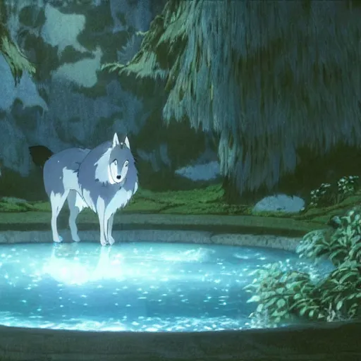 Image similar to a spirit wolf forest drinking water from an illuminated pool, hayao miyazaki, masashi ando, nizou yamamoto, kazuo oga, joe hisaishi, yoji takeshige, naoya tanaka