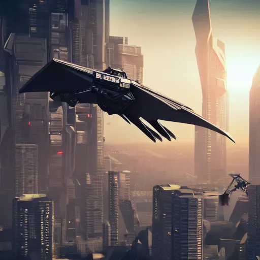 Image similar to photorealistic, long shot, robot mecha pterodactyl flying over a city, cyberpunk, daylight