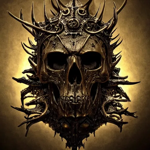 Prompt: an ominous dark ancient golden Lich king skull mask. hyper-detailed. Gothic steampunk. low poly medieval baroque. symmetric. epic. hyper-realistic. hyperrealistic. octane render intricate crown of antlers, horns made of porcelain, in style by Craig Mullins, hyper detailed, Zdzisław Beksiński, sinister, horror, 1900's photograph, polaroid, trending on artstation, bio-punk