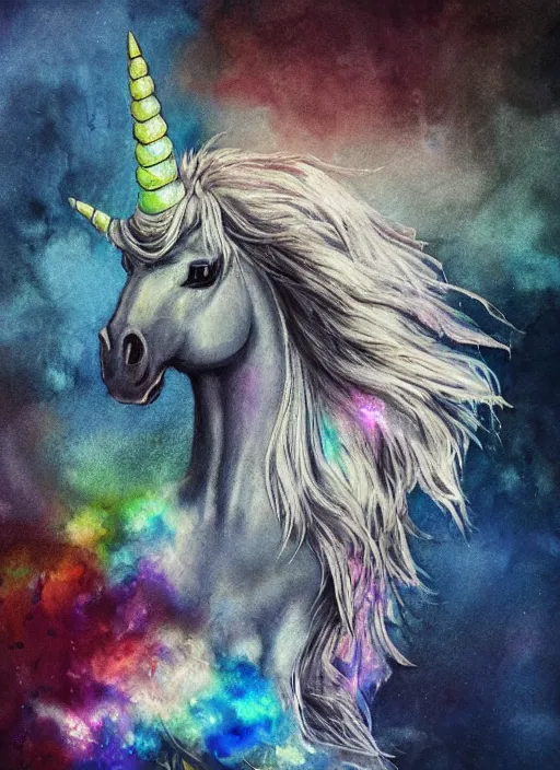 Image similar to portrait, a sad depressed unicorn that hung itself from a rainbow, watercolor, dramatic lighting, cinematic, establishing shot, extremely high detail, foto realistic, cinematic lighting, pen and ink, intricate line drawings, by Yoshitaka Amano, Ruan Jia, Kentaro Miura, Artgerm, post processed, concept art, artstation, matte painting, style by eddie mendoza, raphael lacoste, alex ross