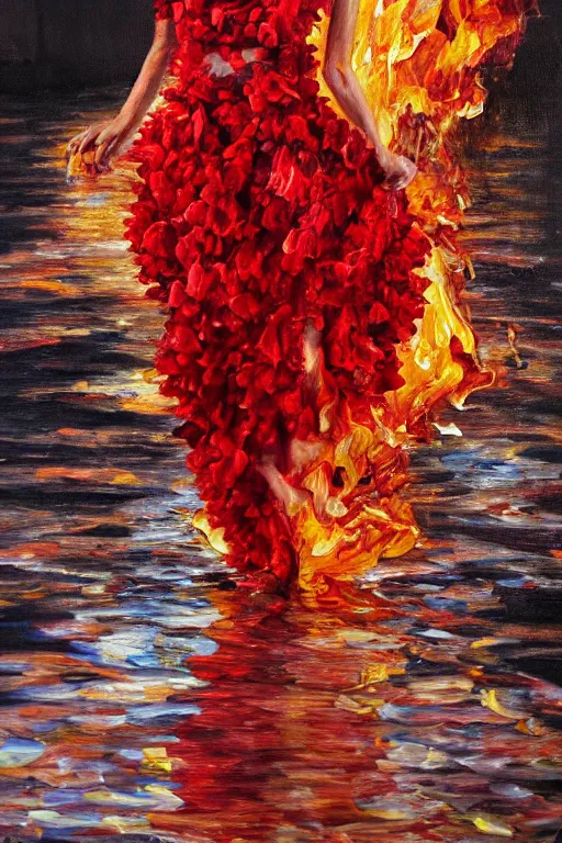 Image similar to detailed oil painting of spanish flamenco dancer wearing a red dress made of flowers engulfed in flames, she's standing waist deep in water, midnight, moon, dimly lit, looking away, dark shadows, ethereal, foggy, moody, photo realistic, high definition, 4 k, slr