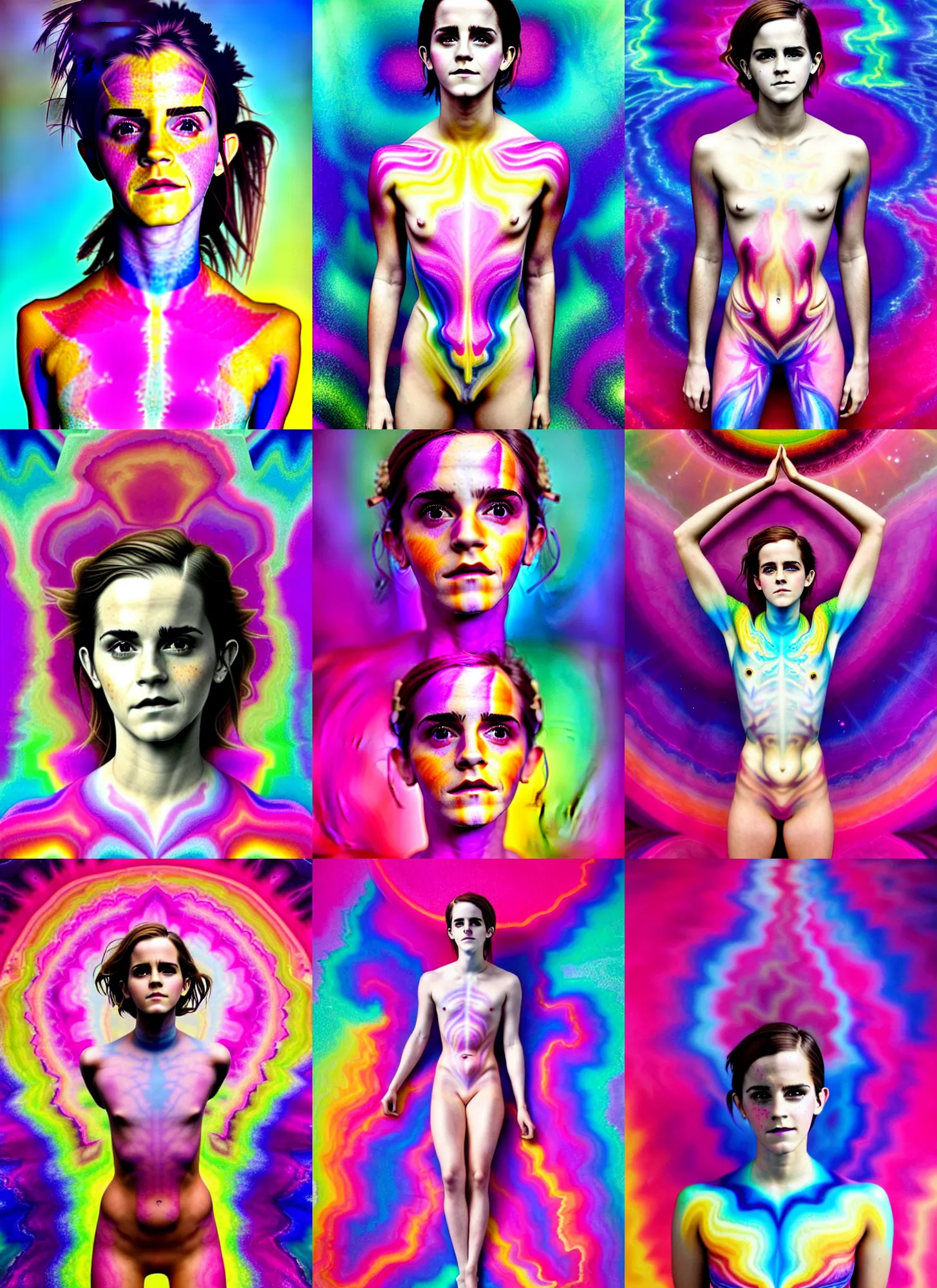 Image similar to full body Emma Watson by Jean-Baptiste Carpeaux and Luo Li Rong and Michael James Talbot as goddess, all body, floating in space. perfect symmetrical face, colorful, psychedelic psychedelic psychedelic colors, fractals, fresh rainbow bodypainting, synthwave, in full growth, elegant, realistic, 8K, female full-skin figure, hyperrealism, subsurface scattering, raytracing, rim light, Octane Render, Redshift, Zbrush, H R Giger, Zdzisław Beksiński, complex psychedelic glitch background