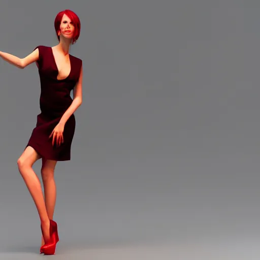 Image similar to woman, red short dress, black hair, octane render, by milo manara, 3 d render, red high heels, face