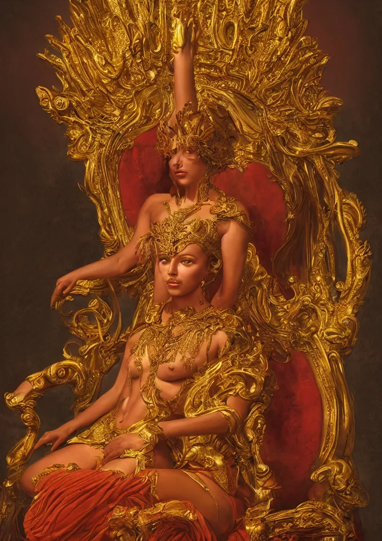 Prompt: a beautiful painting of a golden goddess sitting on a throne, detailed portrait, dennis velleneuve, warm colors, ultra realistic, 8 k, photography