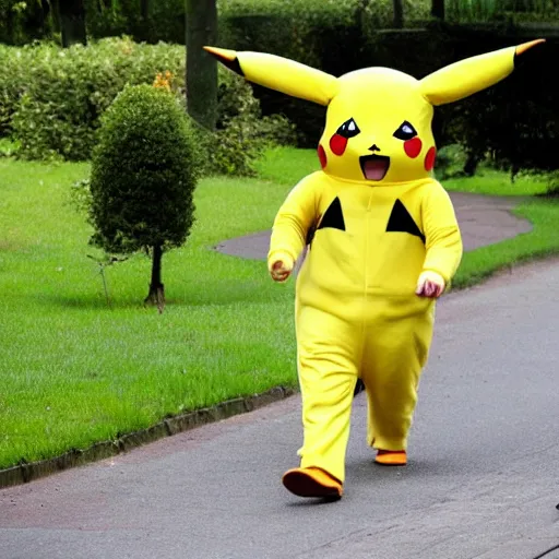 Prompt: A photograph of a man going to work in a pikachu suit