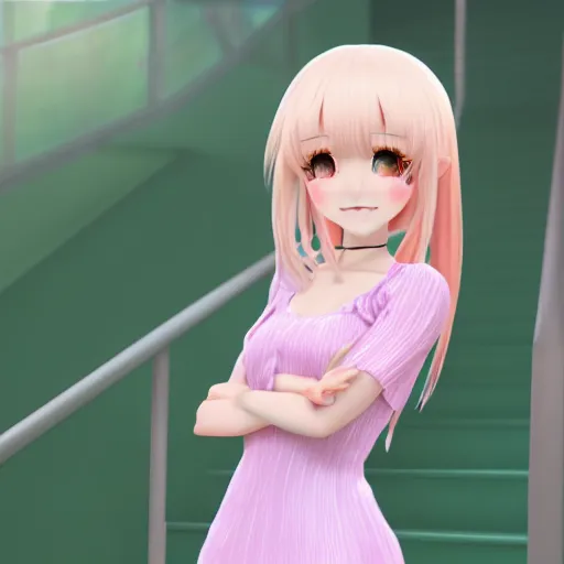 Image similar to Render of Nikki from Shining Nikki Dress-Up Game, a cute 3D anime young woman, long light pink hair, full bangs, full round face, hazel amber eyes, pale skin, Chinese heritage, smiling softly, wearing casual clothing, medium shot, mid-shot, comfortable mood, hyperdetailed, trending on Artstation, Unreal Engine 4k