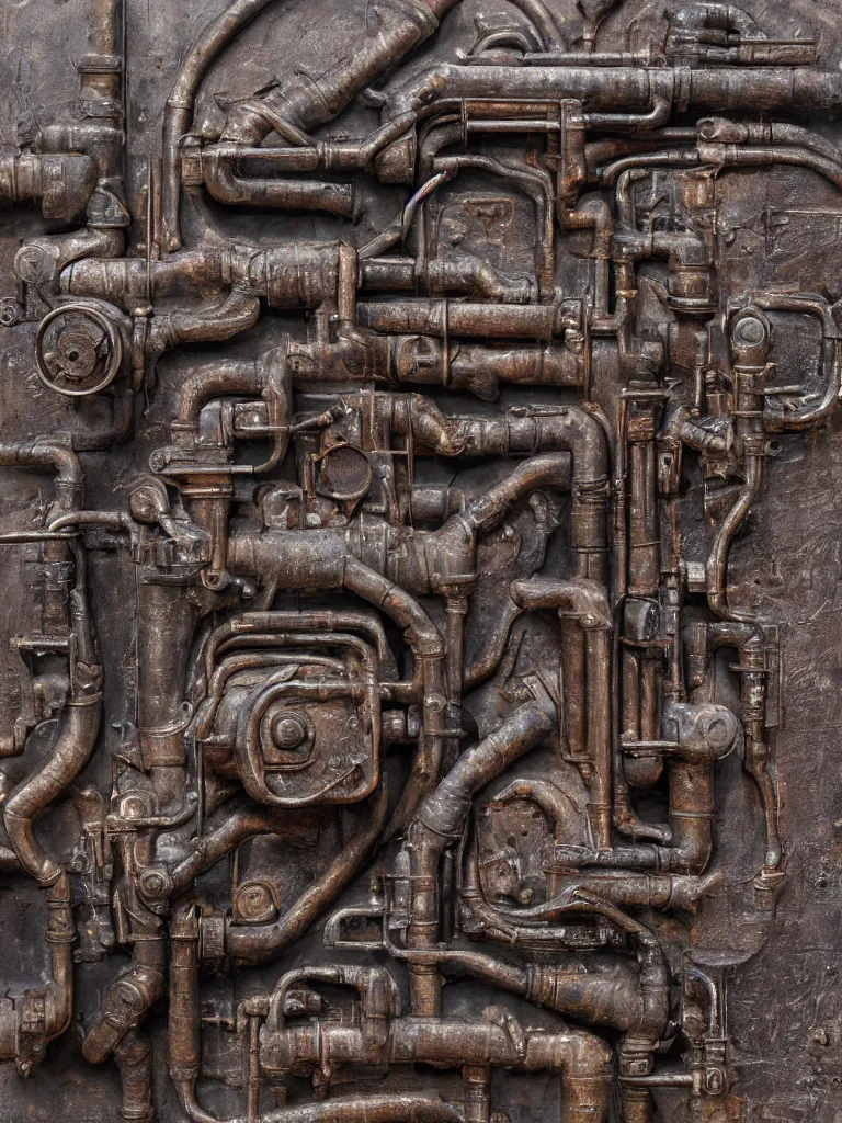 Image similar to relief sculpture carving in rusted steel of machine guns, industrial pipes, shotguns, revolvers, bullets, valves, dramatic lighting, hyperrealistic, ultrarealistic, intricate details, 4k