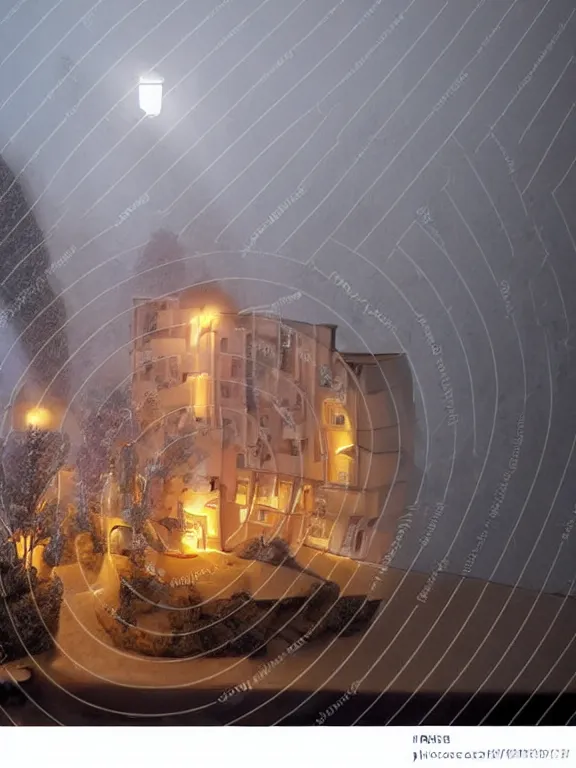 Image similar to small diorama a soviet residential building, lights are on in the windows, dark night, two man fighting for bottle of vodka on yard in front of building, cozy atmosphere, fog, cold winter, snowing, streetlamps with orange volumetric light, birches nearby,