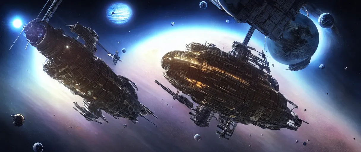 Image similar to a detailed space cruiser in orbit above a planet, detailed render, post - processing, extremely hyperdetailed, intricate, epic composition, cybernetics, 4 k realistic, cryengine, realistic shaded lighting, sharp focus, masterpiece, detailed eyes by matteo scalera, gary montalbano, peter elson in the style of the tokyo ghost comic