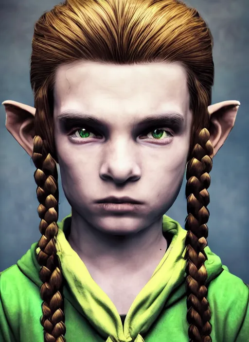 Prompt: An epic fantasy comic book style portrait painting of a mysterious ethereal young feminine green-eyed boy, expressive, angry expression, fair skin, long brown hair worn in two pigtails, his left pigtail is shorter than his right pigtail, he wears a yellow hoodie with a grey undershirt, unreal 5, DAZ, hyperrealistic, octane render, cosplay, RPG portrait, dynamic lighting